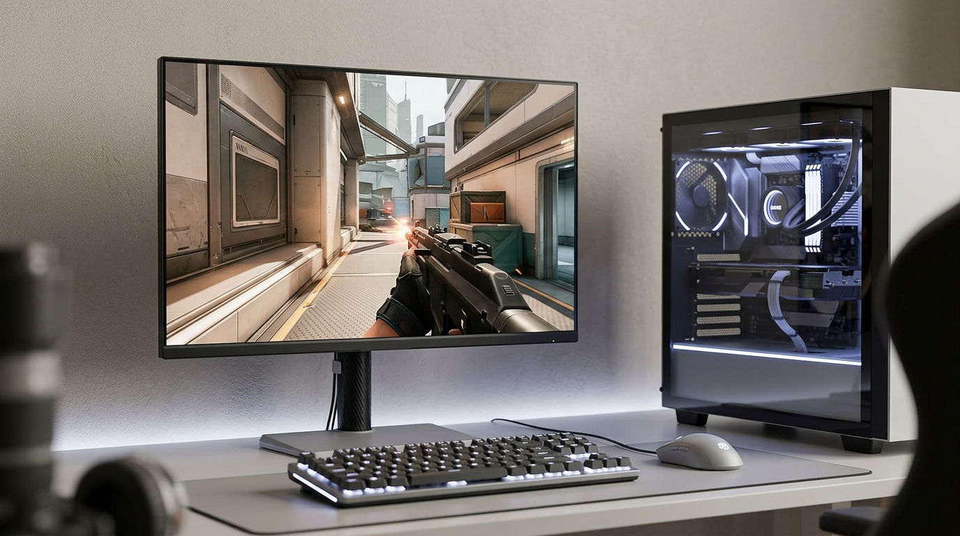 A competitive gaming desk with a high-refresh monitor, GPU tower, keyboard, and mouse, illustrating an esports-focused RTX 6070 Ti pairing.