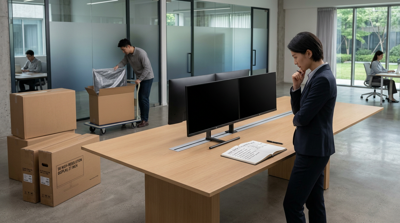 Startup team comparing circular display procurement options for an office rollout