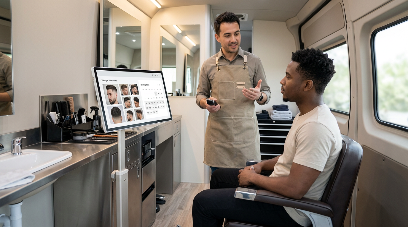 Mobile barber consultation setup with a rolling MegPad screen for style previews and booking