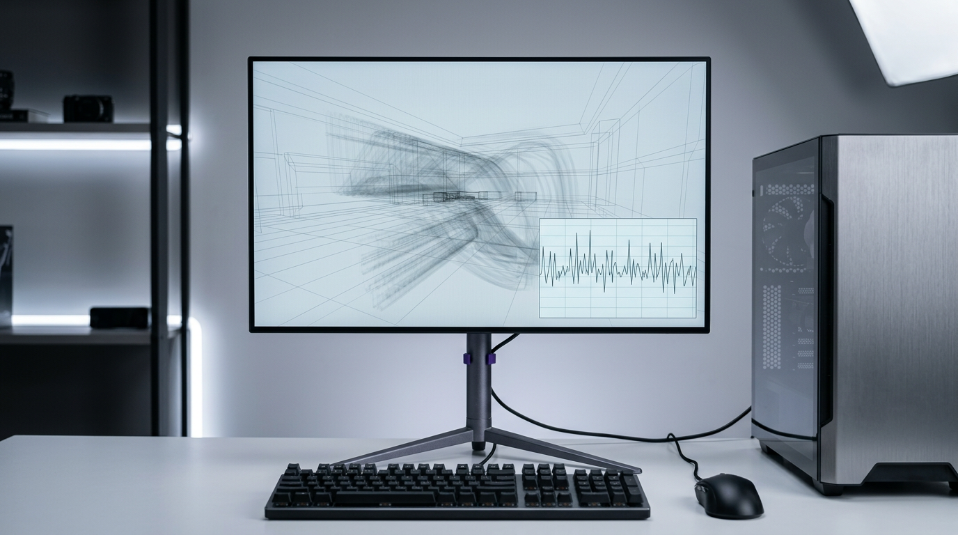 A competitive gaming setup showing a high-refresh monitor with motion-tracking visuals and a frame-time graph overlay.