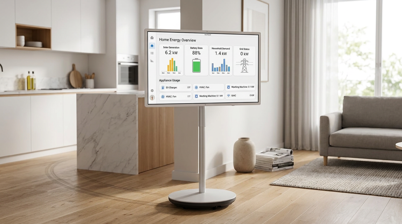 Rolling 32-inch smart display showing solar, battery, and appliance energy tiles in a modern home