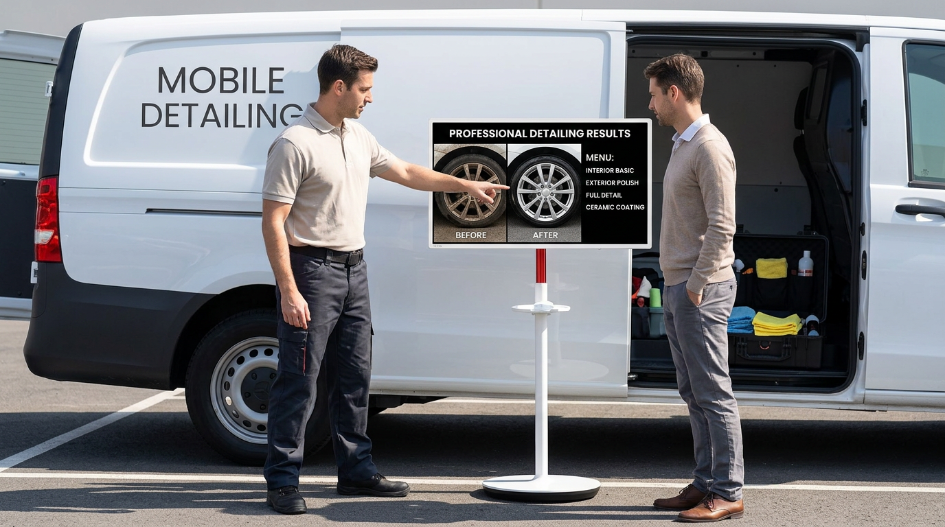 A mobile auto detailer presenting before-and-after photos on a rolling smart display beside a van
