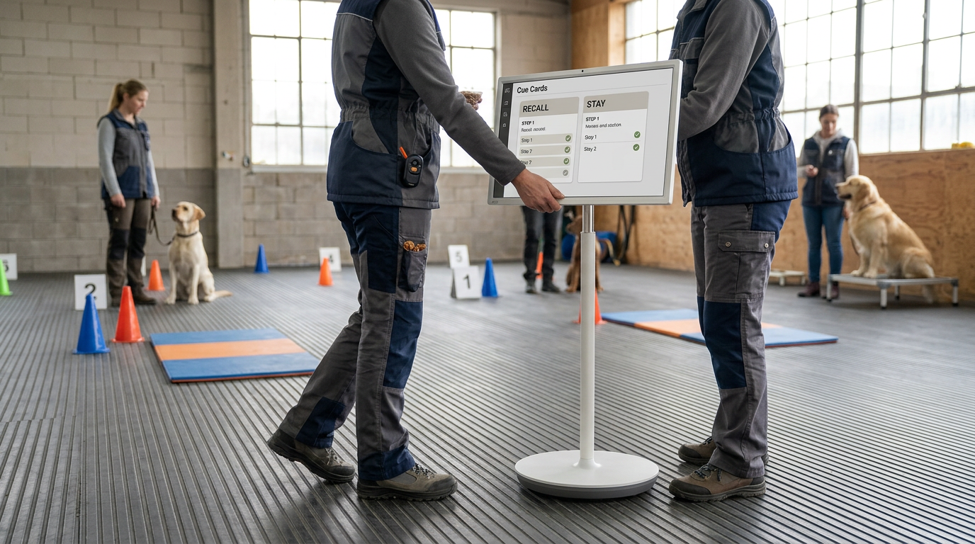A rolling MegPad-style display positioned in a large indoor dog training facility beside training cones and cue cards.