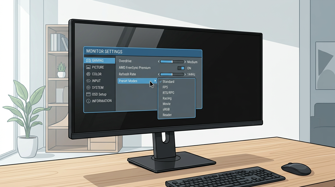 A gaming monitor OSD menu with detailed tuning options