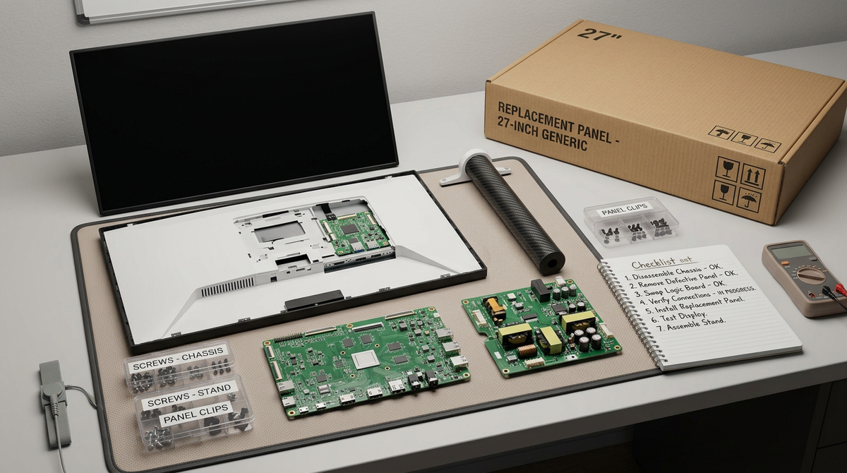Workbench scene with monitor components, labeled screws, replacement boards, and a repair checklist beside a display stand.
