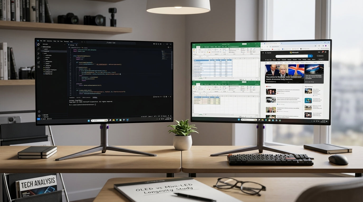 Side-by-side desk comparison of a Tandem OLED monitor and a 2304-zone Mini-LED monitor in a mixed-light office, emphasizing long-session productivity use.