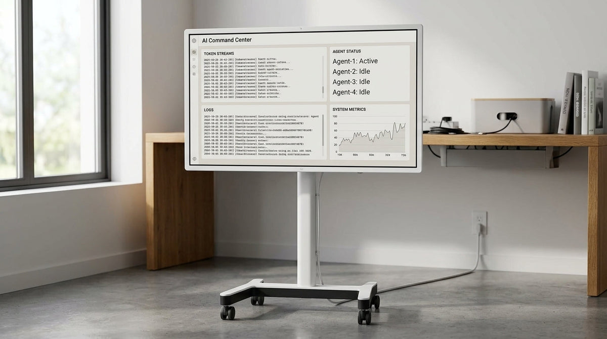 A mobile rolling display used as an AI command center dashboard with logs, token streams, and agent status panels