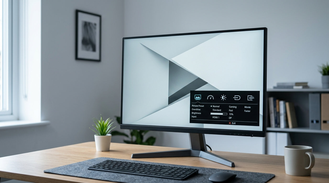A clean gaming monitor on a desk with a neutral OSD-style interface, representing firmware tuning and parity judgment.