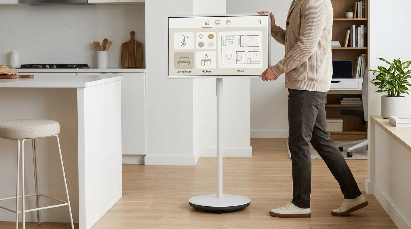 Rolling smart display used as a Matter dashboard in a home hallway