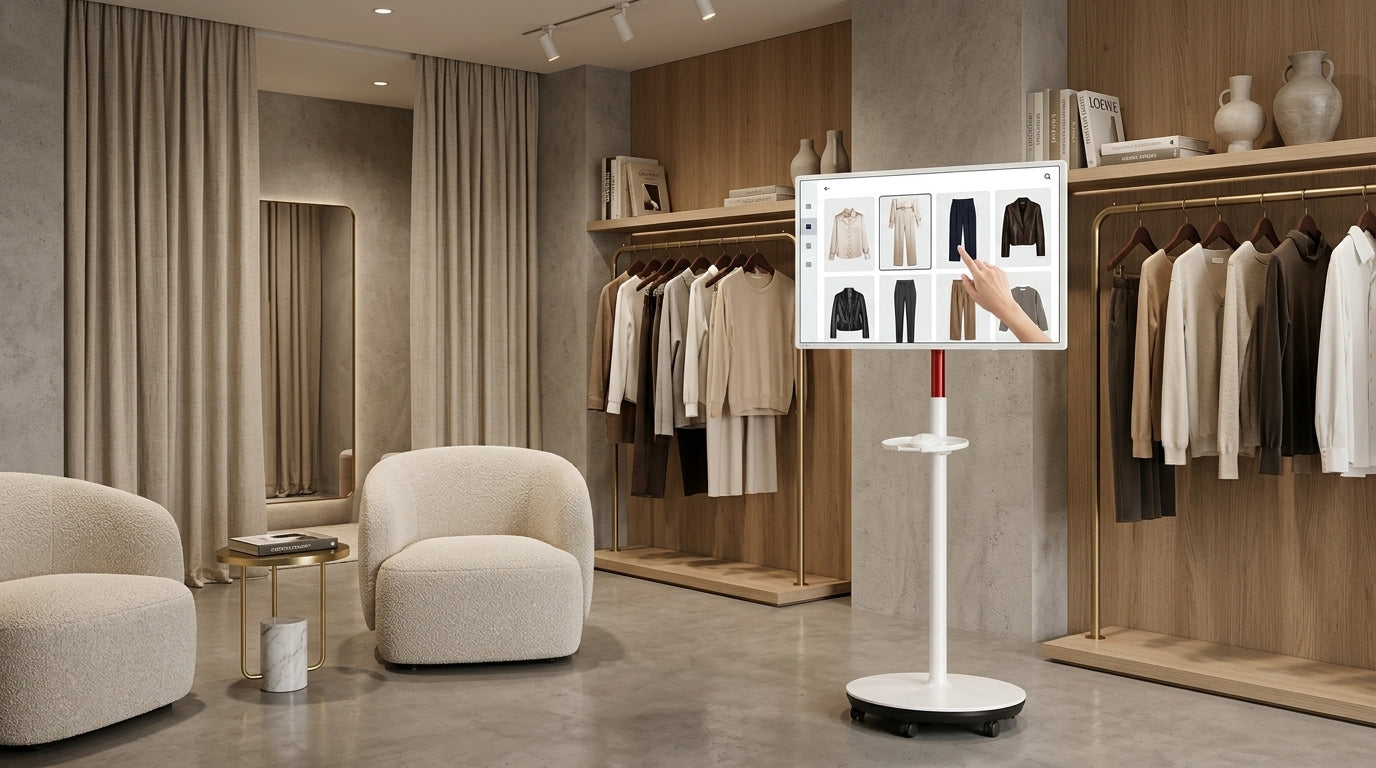 Rolling interactive retail lookbook screen in a boutique fashion showroom with digital styling content on display.
