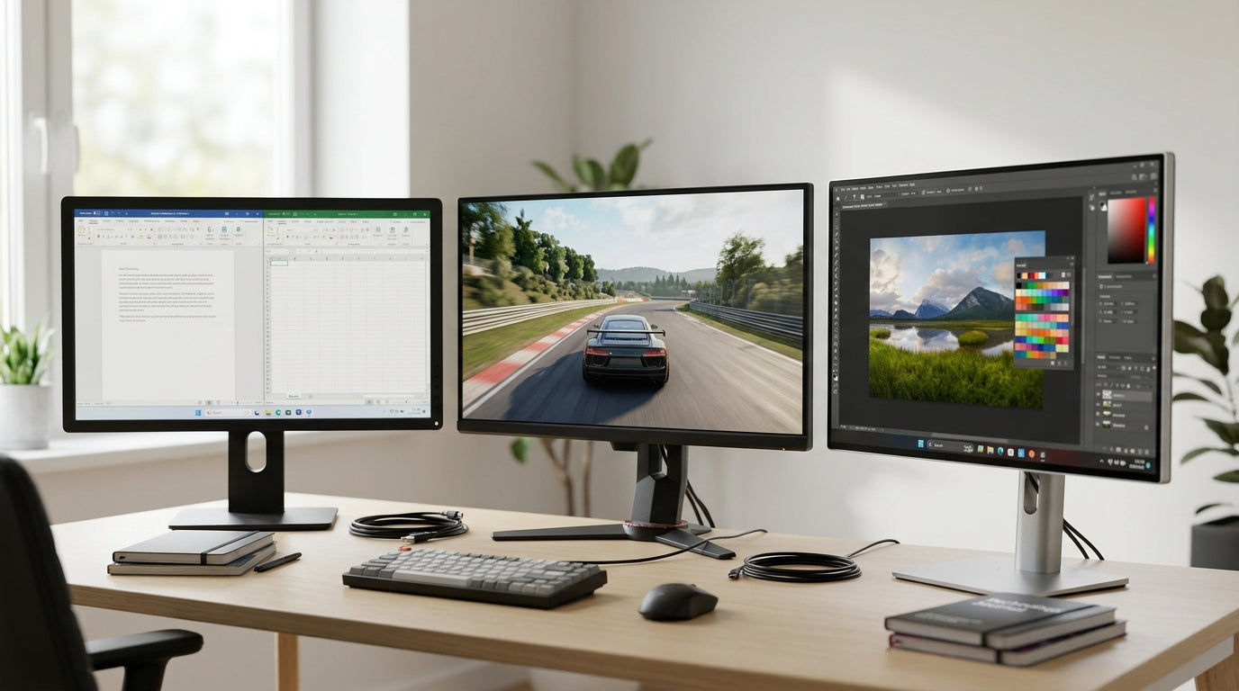A neutral desk setup with several monitor tiers represented visually, from budget office displays to premium gaming and creator screens.