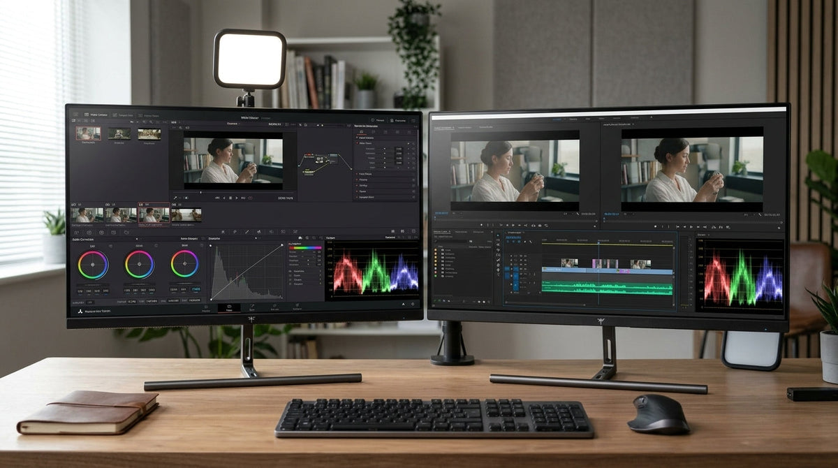 Creator workstation with two 5K-class monitors side by side, one premium-branded and one OEM-style, showing an editing timeline and color panels.