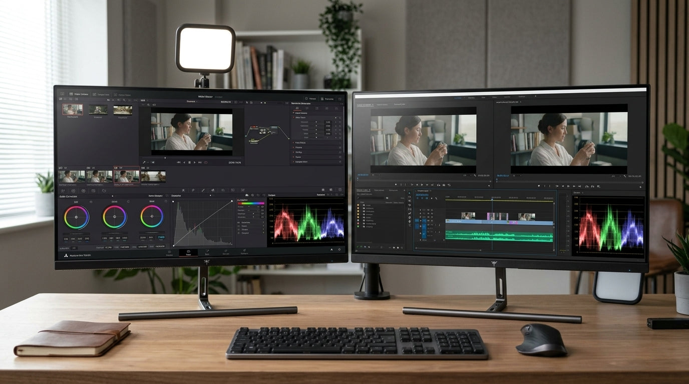 Creator workstation with two 5K-class monitors side by side, one premium-branded and one OEM-style, showing an editing timeline and color panels.