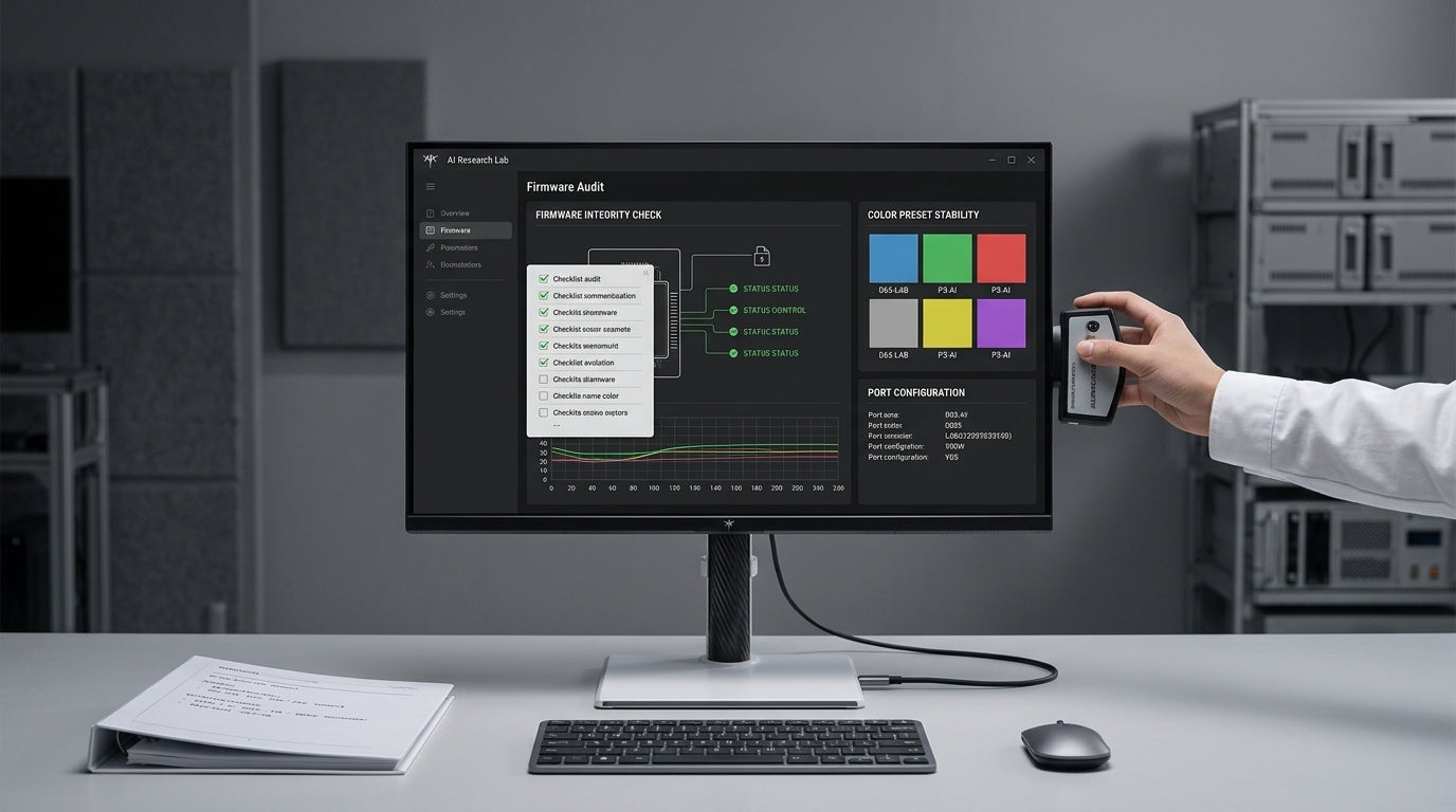 AI research lab workstation with a monitor showing dashboards, presets, and a firmware audit checklist