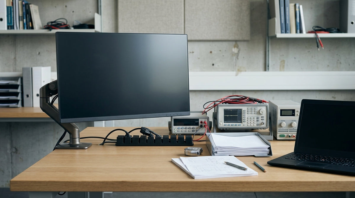 A technical monitor audit scene showing a display connected to test equipment and spec sheets on a desk.