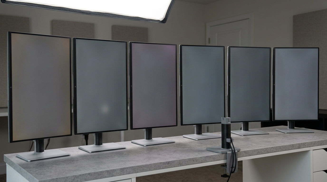 A neutral desktop setup with several monitors side by side, suggesting panel variation and uncertainty in display selection.