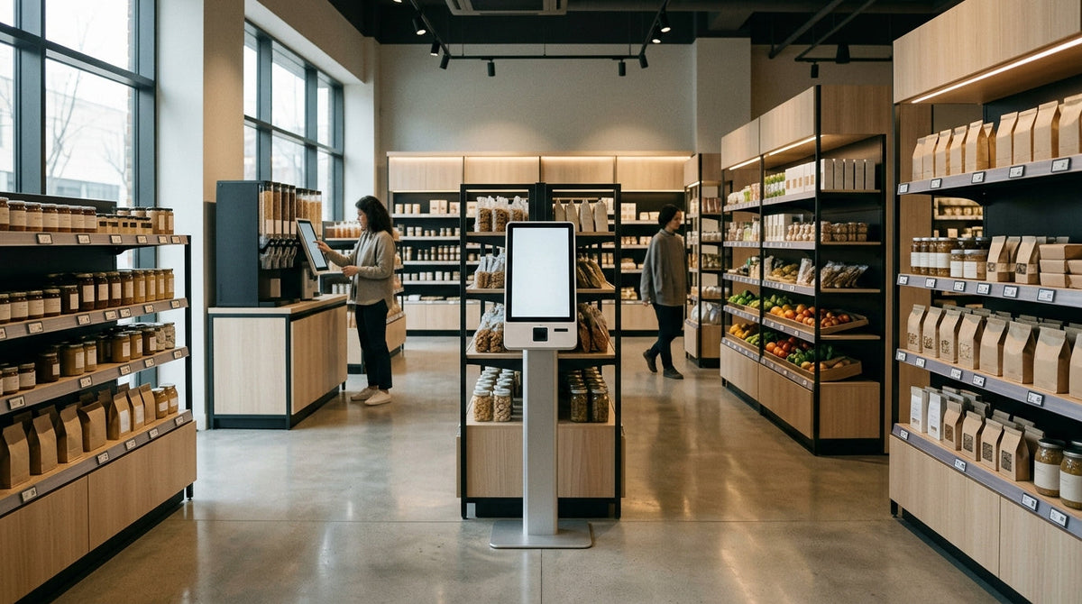 A modern unmanned retail store with a mobile touch kiosk standing near self-service shelves and checkout areas.