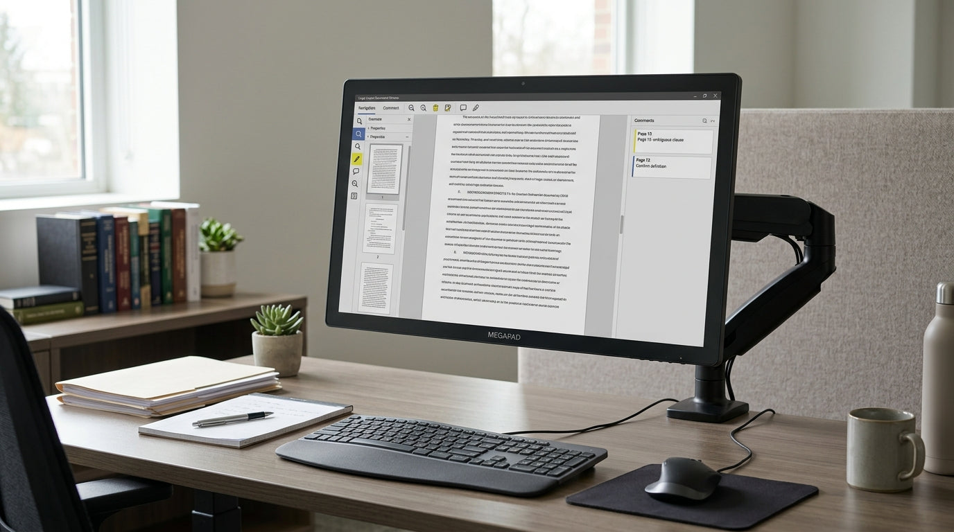 A legal review workstation with a document-heavy layout on a high-contrast monitor