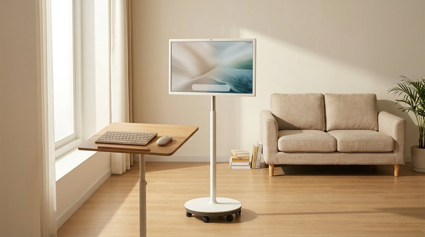A small-apartment mobile display setup showing a rolling smart screen used as a flexible work and living-room station