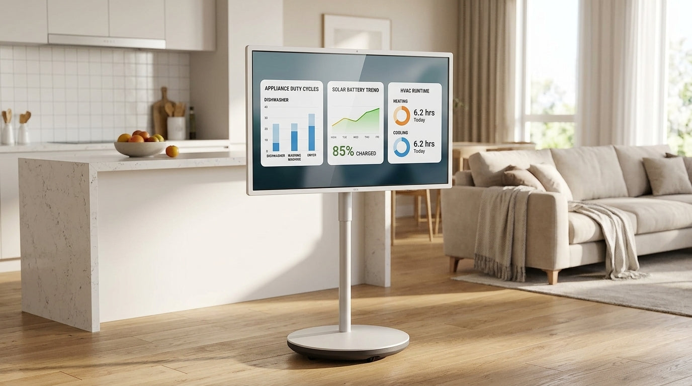 A rolling 32-inch 4K touch display showing a home health dashboard with energy, HVAC, and appliance cards in a family kitchen