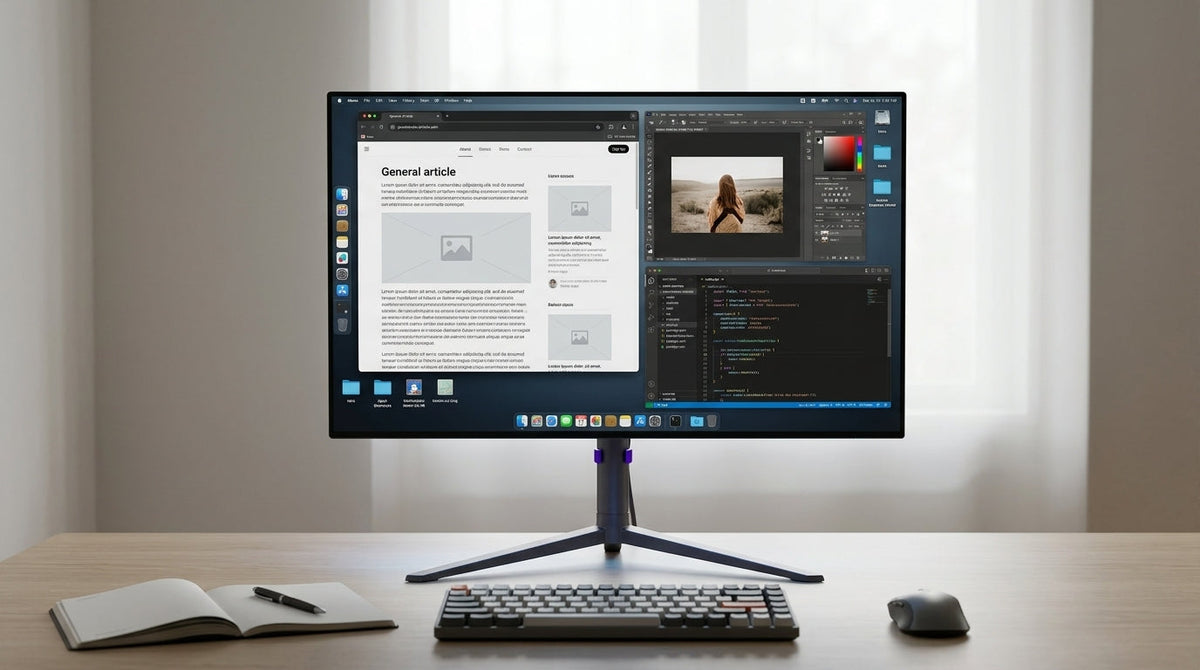 A desktop monitor showing mixed productivity windows with static UI areas and changing content, illustrating OLED burn-in risk on a modern desk.