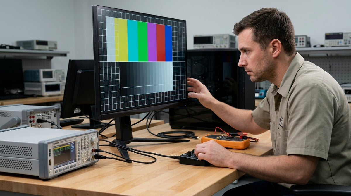 A gaming monitor connected to a test setup, with a display showing signal verification and bandwidth checking concepts.