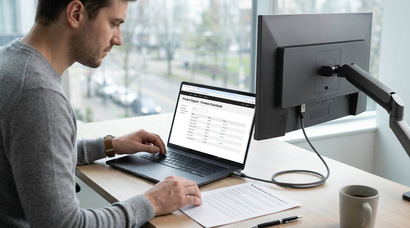 Buyer checking monitor firmware support details on a laptop beside a gaming monitor