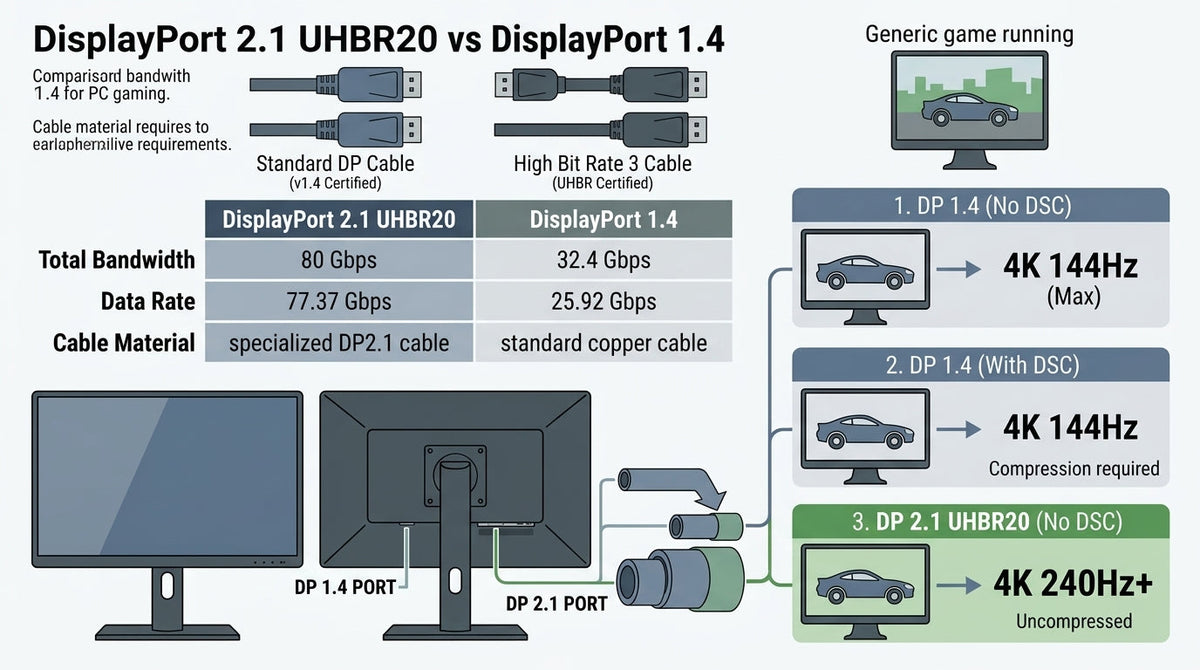 Technical diagram comparing DisplayPort 2.1 UHBR20, DisplayPort 1.4, and cable compatibility for PC gaming.