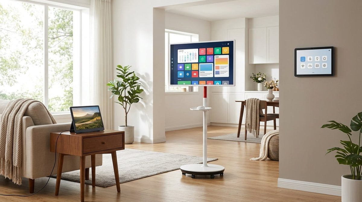A practical US home scene comparing a rolling smart display, a wall tablet, and a portable TV.