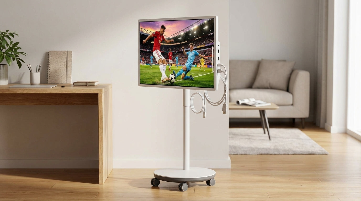 A portable smart display on a rolling stand in a home office and living room setting, showing the decision factors buyers compare before purchase.