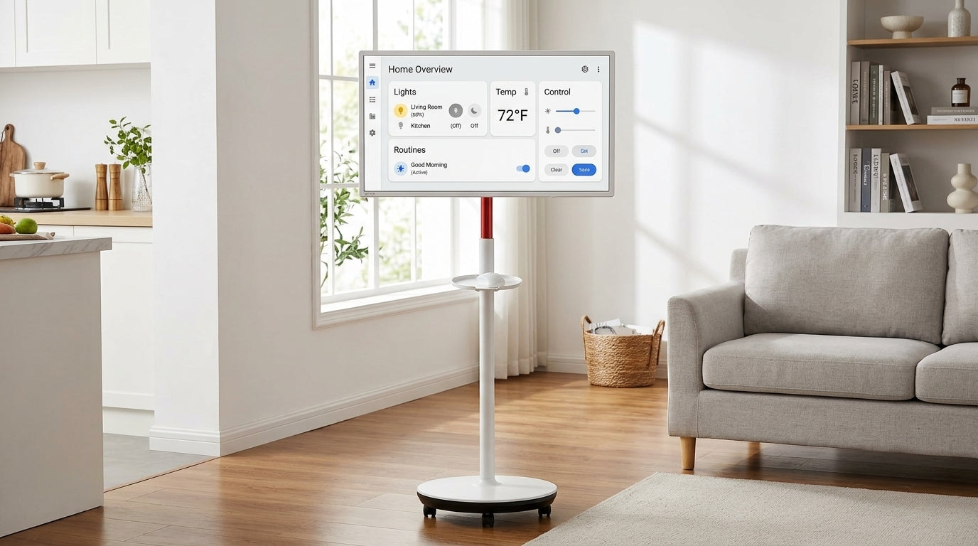 A portable MegPad smart display on a rolling stand in a home setting used as a control screen for lights and routines.