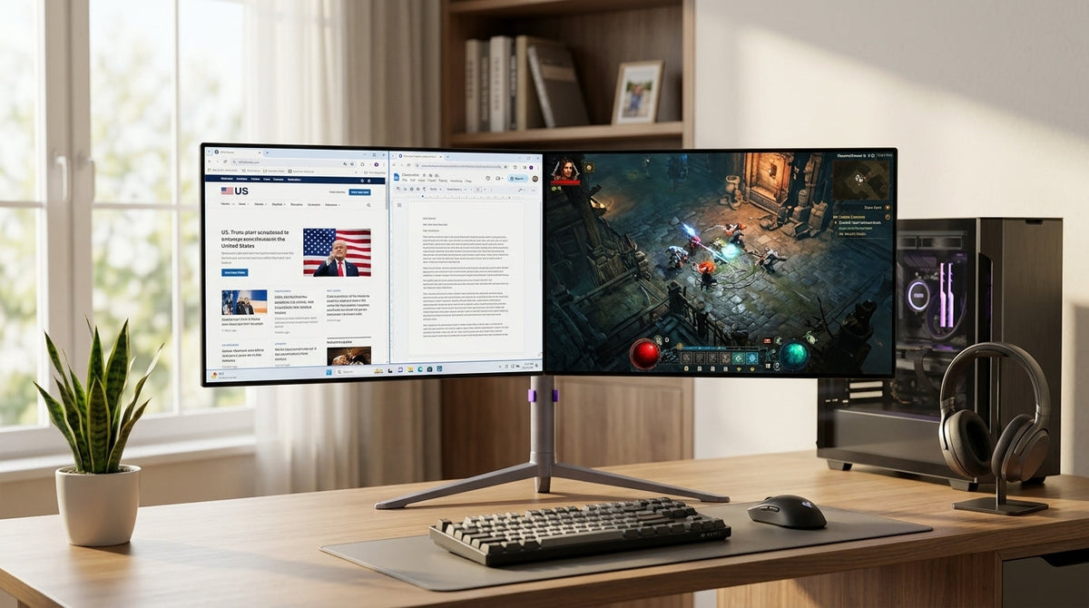 OLED desk setup split between daytime work windows and evening gaming on the same monitor