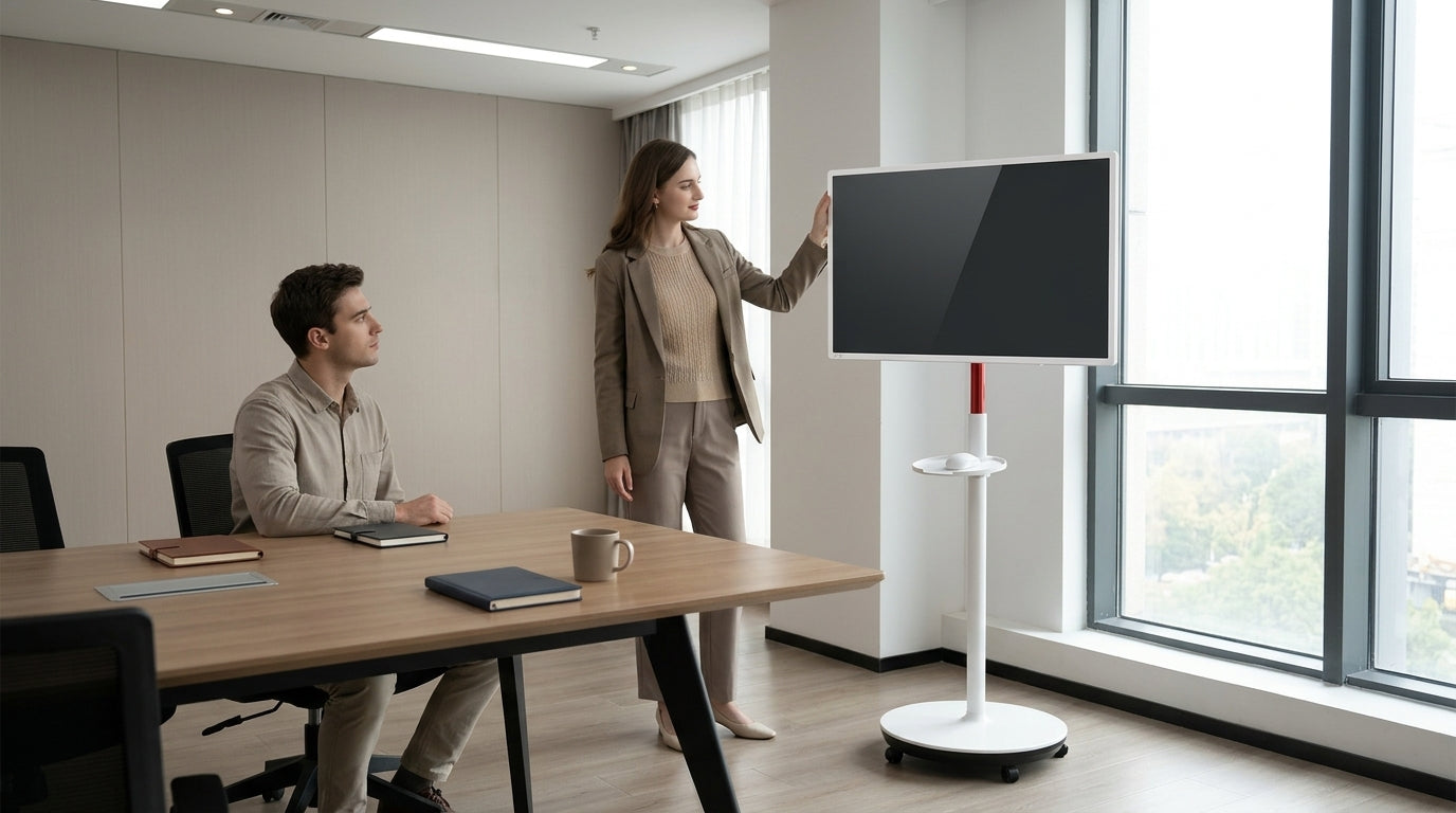 A rolling smart display on a wheeled stand in a hybrid conference room setting