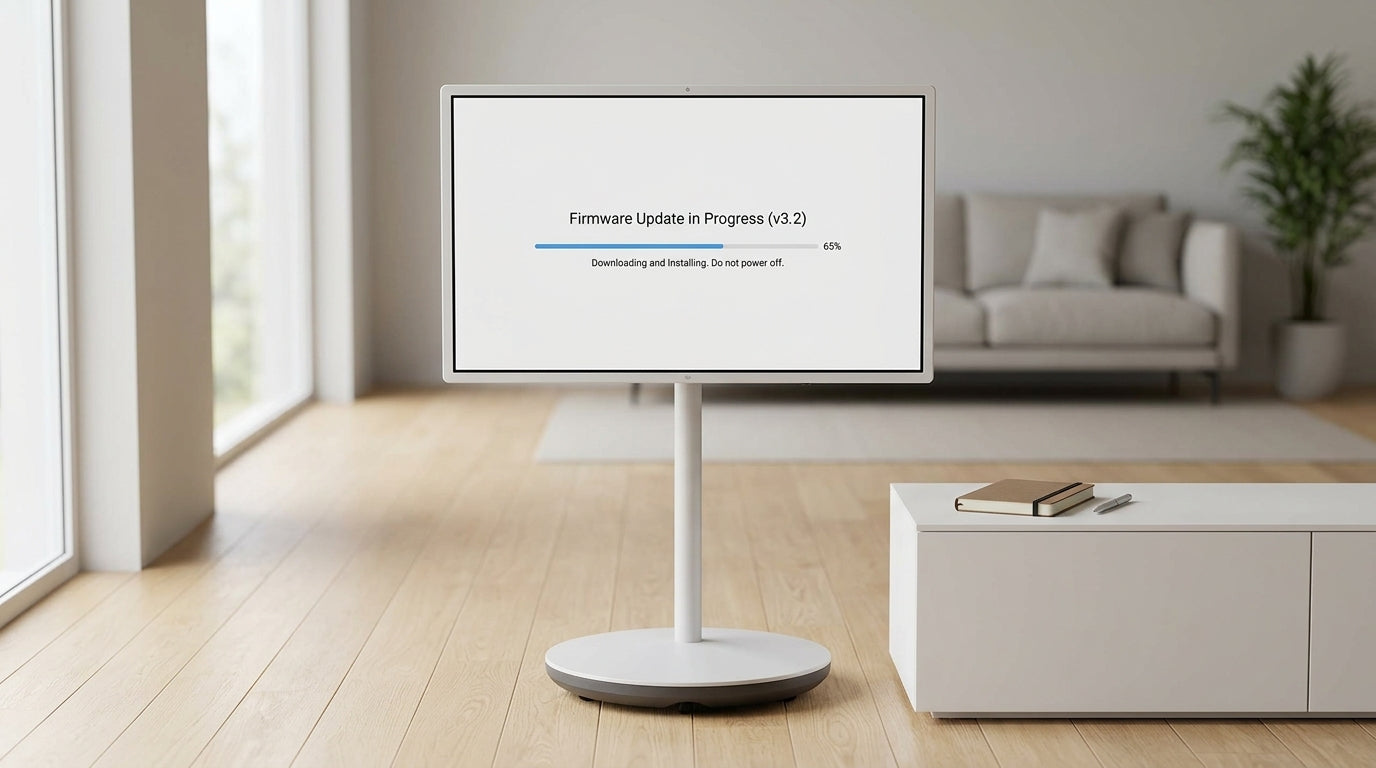 A rolling smart display in a home room setup with an update progress screen and a notebook beside it