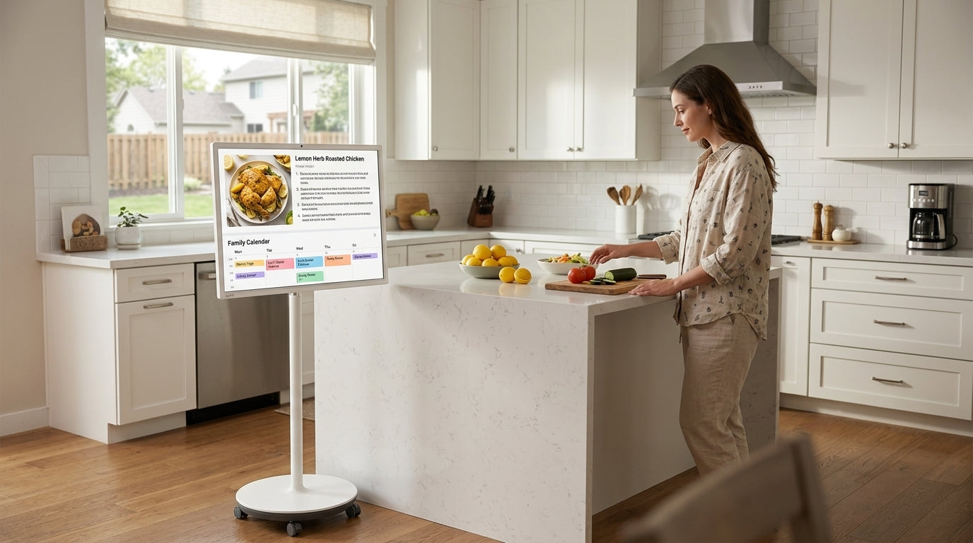 A rolling MegPad displayed in a bright US kitchen beside a prep island, with a recipe page on screen and tidy cable routing.
