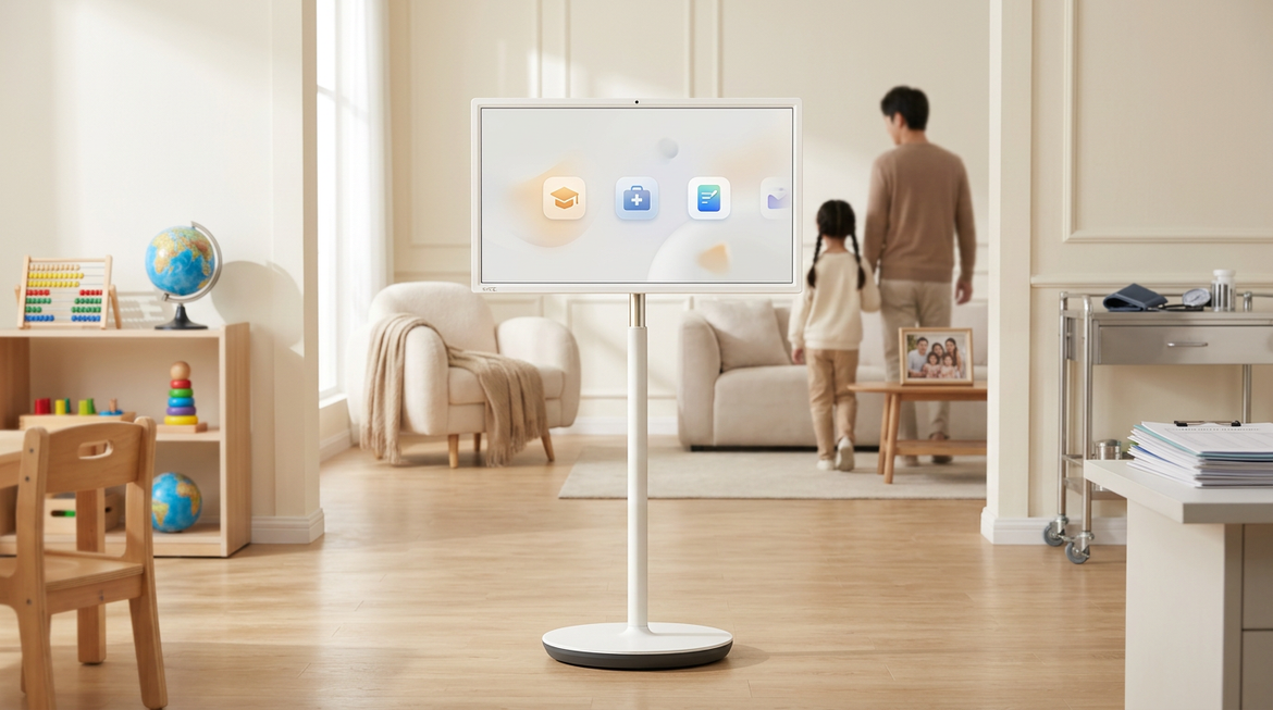 A shared smart display in a modern classroom, clinic, and home context, shown as a neutral editorial hero image.