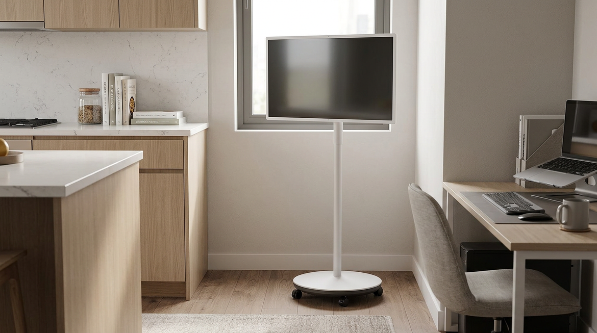 Rolling smart display staged in a home office and kitchen setting