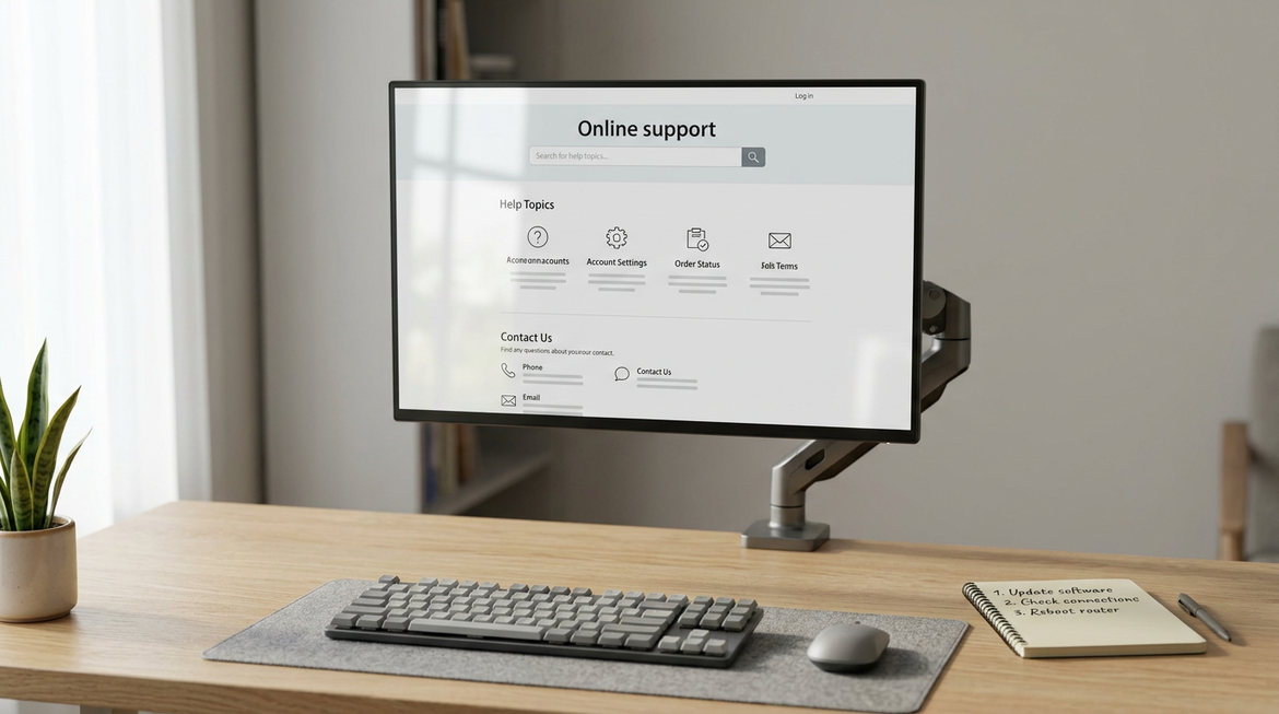Neutral desk setup showing a monitor support page and a pre-purchase firmware checklist