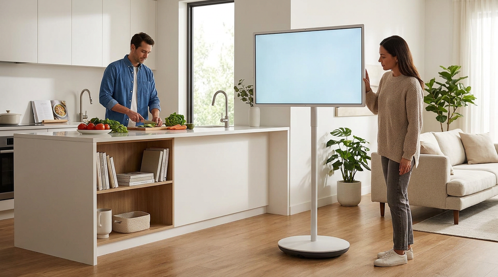 Rolling smart display used as a household dashboard in a modern home