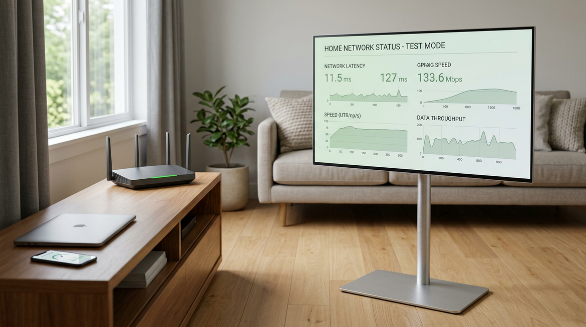 Smart display setup for Wi-Fi 7 performance testing in a living room