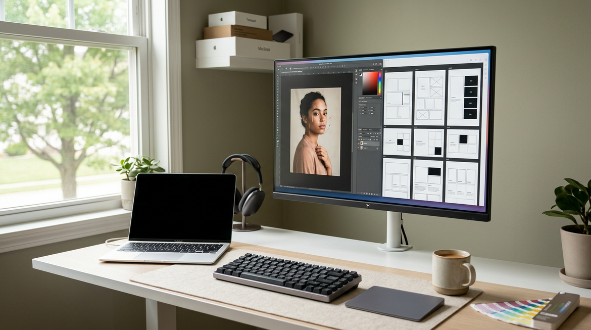 Mac creator desk with a 5K monitor, laptop, and color work open on screen