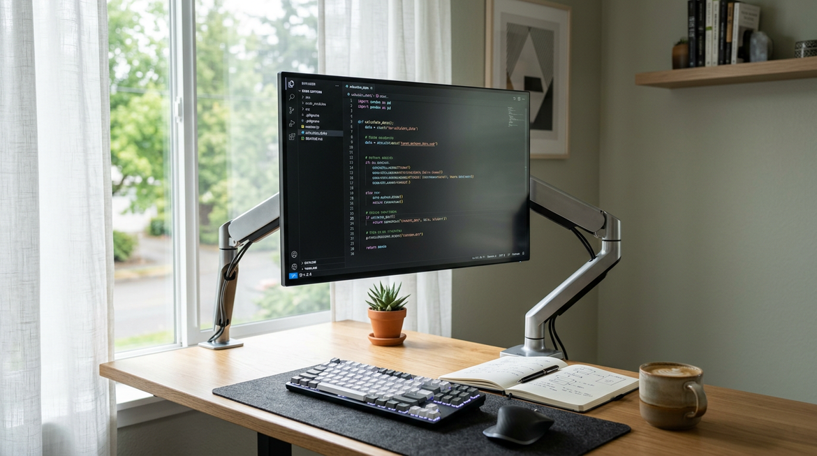 A clean coding desk with a sharp monitor, keyboard, notebook, and soft side lighting
