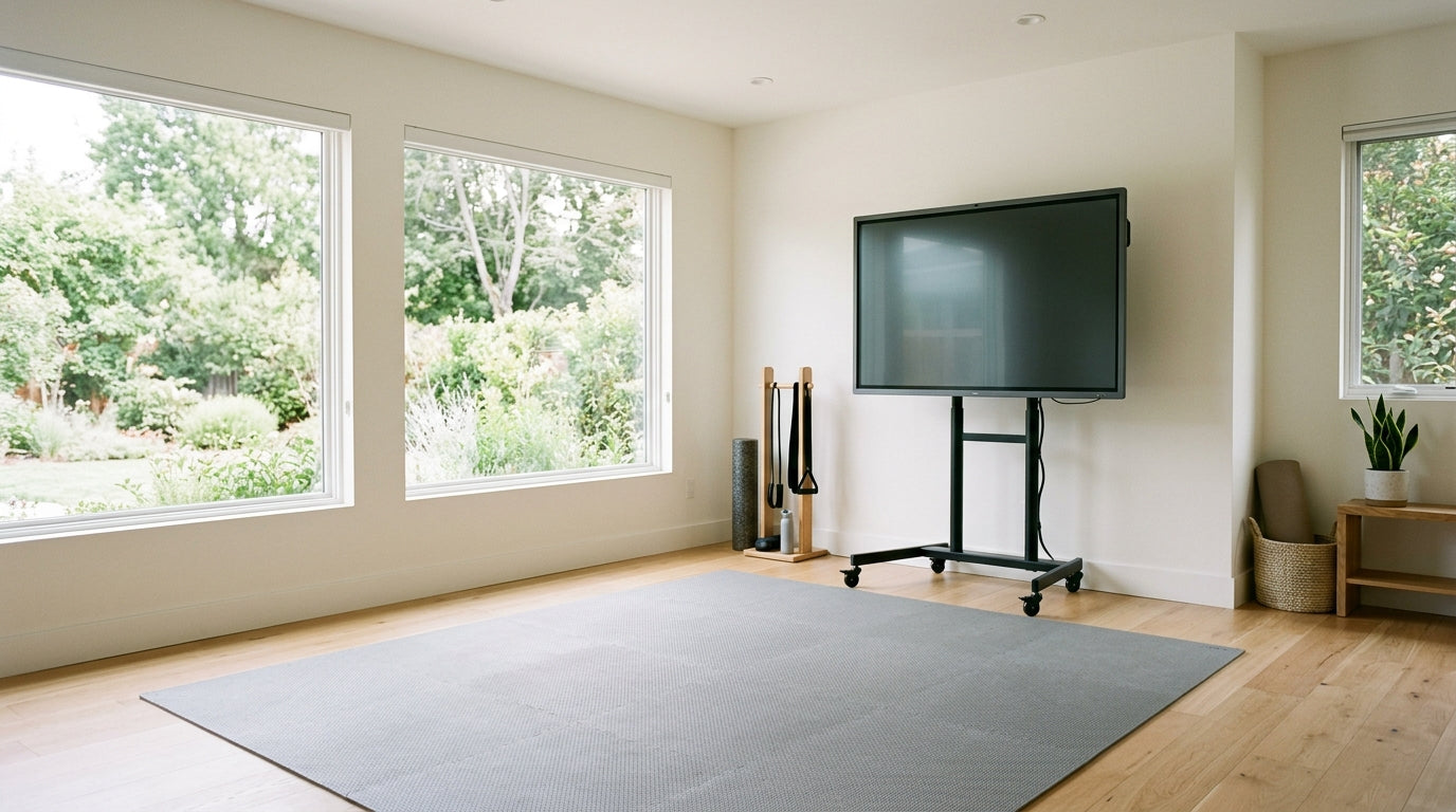 Clean home fitness room with a large smart display on a rolling stand