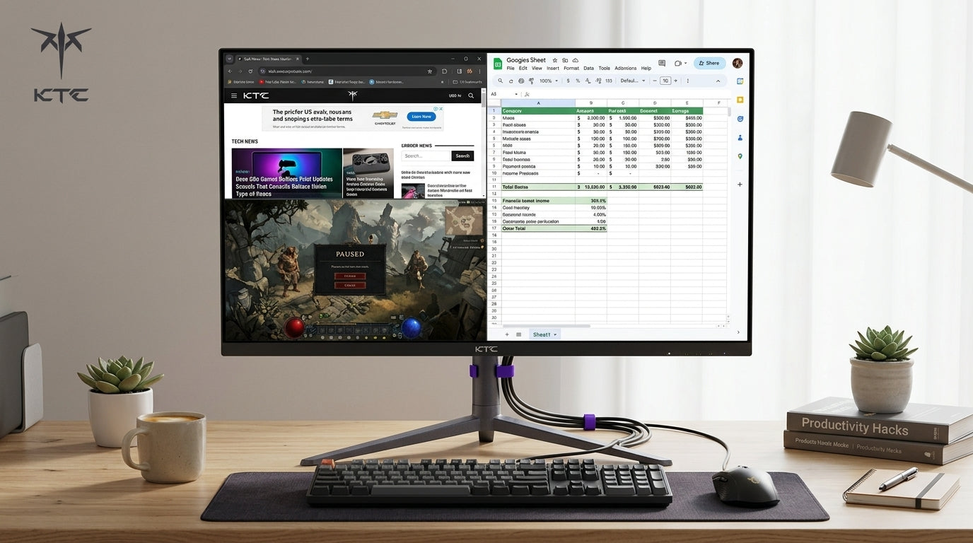 An OLED monitor on a mixed-use desk with work apps and a game paused on screen