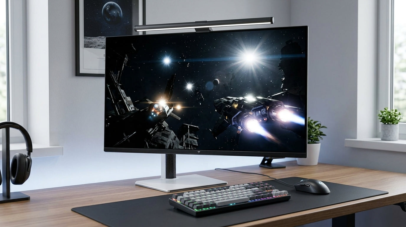 A clean desk setup with a KTC Mini-LED gaming monitor showing vivid HDR highlights in a dark game scene.