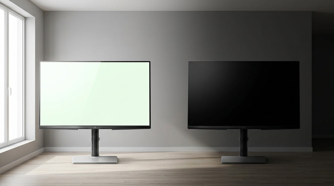 Mini-LED and OLED television screens shown side by side to compare their viewing strengths in different room lighting.