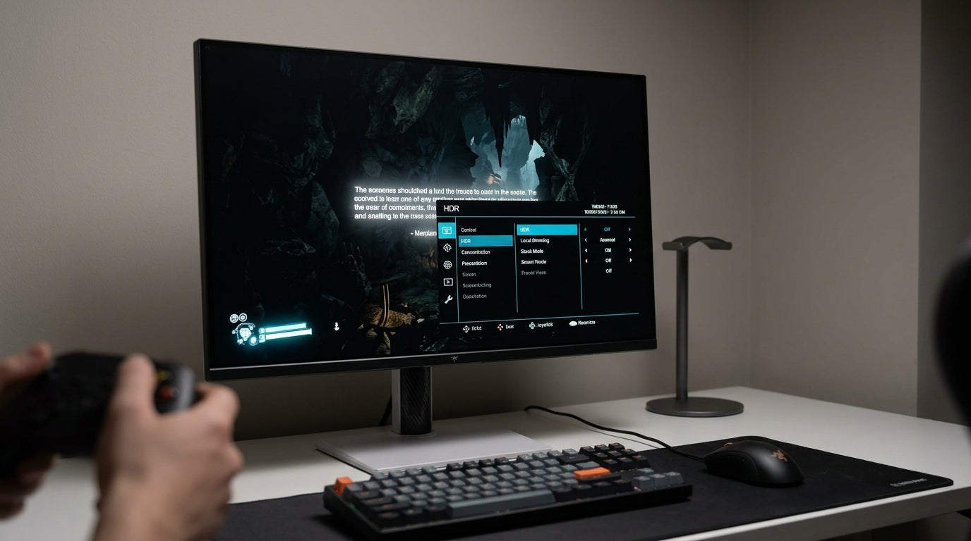 Mini-LED monitor troubleshooting scene showing blooming around bright UI on a dark desktop