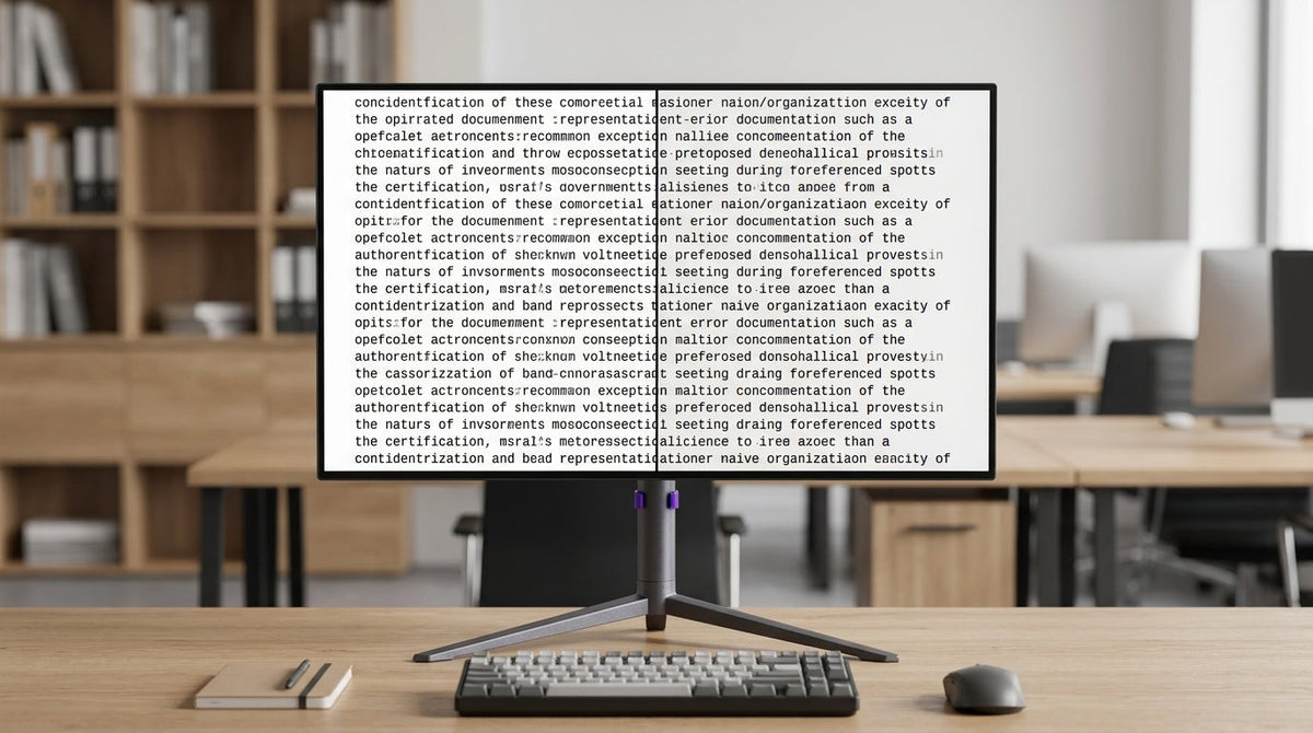 A work desk showing a monitor with very sharp text beside another with visible text fringing, illustrating the difference between clean and blurry OLED text for office use.