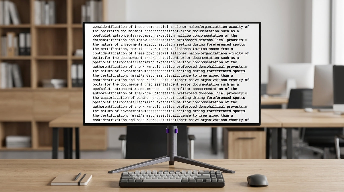 A work desk showing a monitor with very sharp text beside another with visible text fringing, illustrating the difference between clean and blurry OLED text for office use.