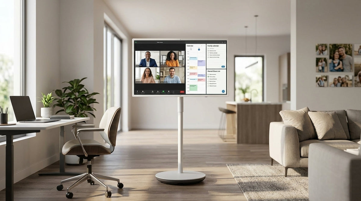 A rolling smart display in a hybrid home office moving between work and family spaces